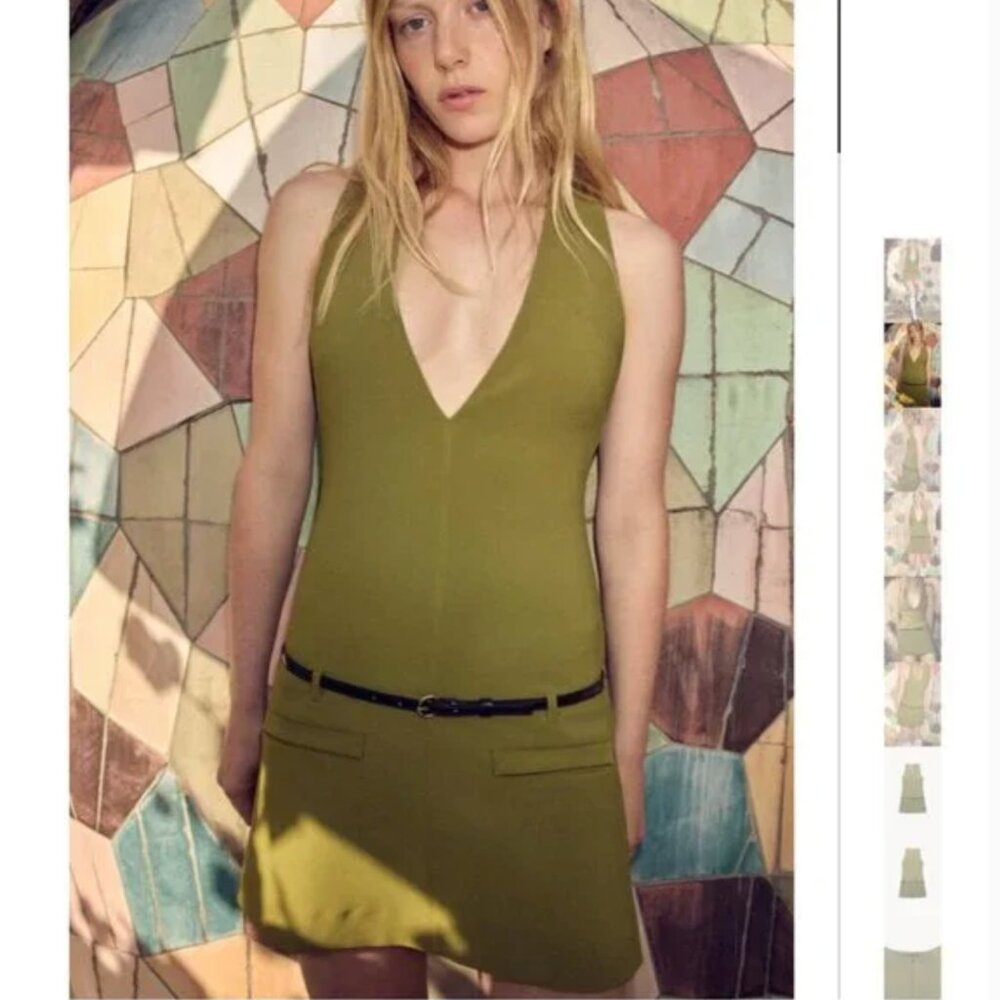 NWT ZARA BELTED MINI DRESS moss green